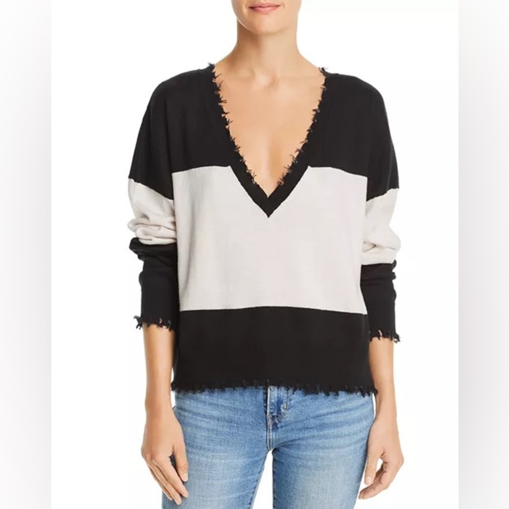 Nation LTD Jolie Distressed Black and White V-Neck Sweater